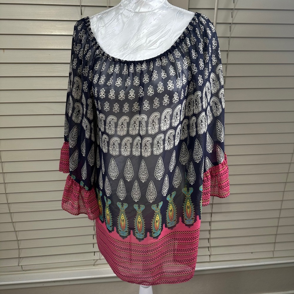 Emma Rose Tunic Top Women XL Navy Pink Paisley Sheer Boho Ruffle Bell Sleeve